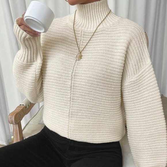 Apricot Casual Womens High Neck Drop Shoulder Split Hem Sweater - Picture 5 of 5